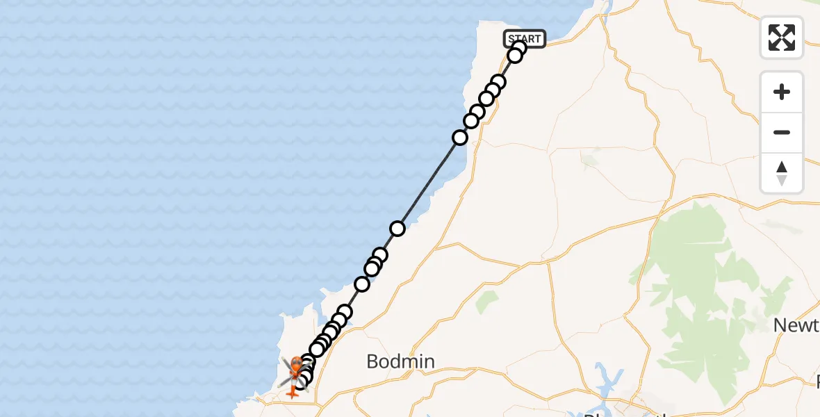 Flight route Coastguard Helicopter Clovelly - Cornwall Airport Newquay, 02 June 2026, 19:32