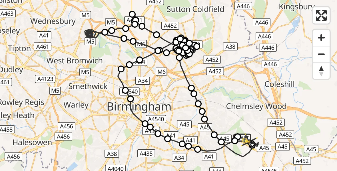 Flight route Police Helicopter Birmingham Airport - Solihull, 02 June 2026, 19:55