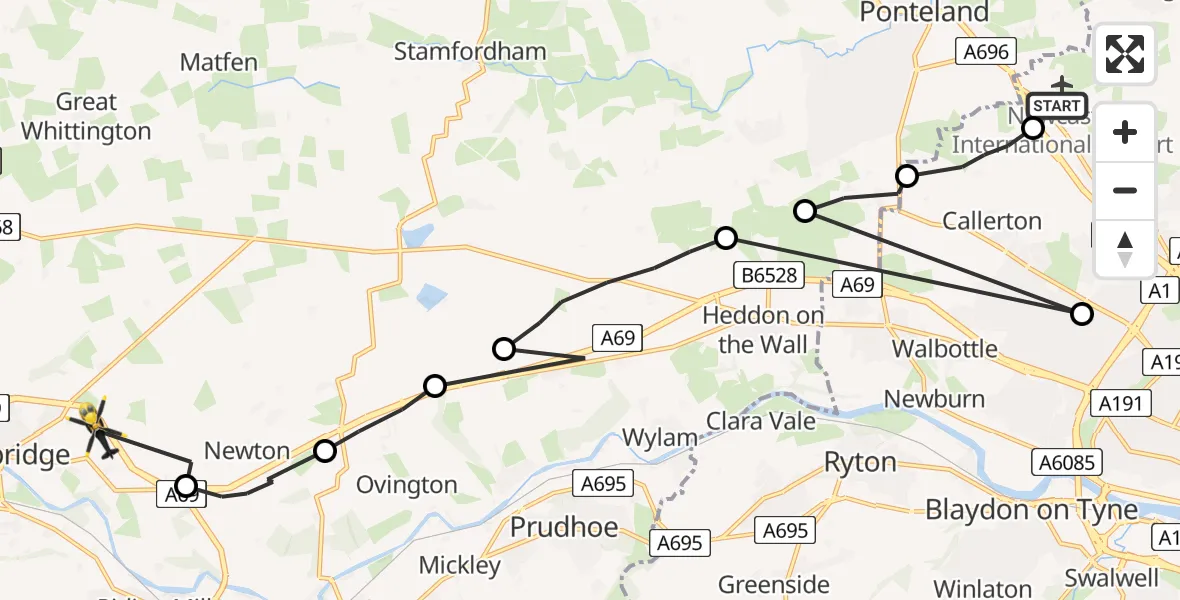Flight route Police Helicopter Newcastle International Airport - Corbridge, 02 June 2026, 20:14
