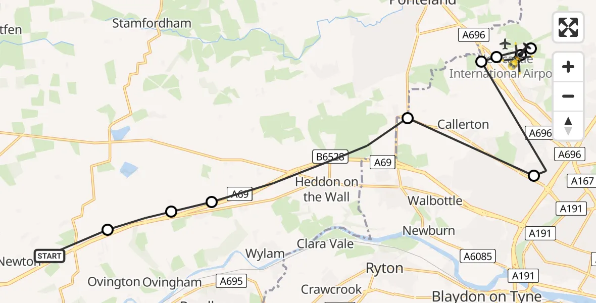 Flight route Police Helicopter Newton - Newcastle International Airport, 02 June 2026, 20:45
