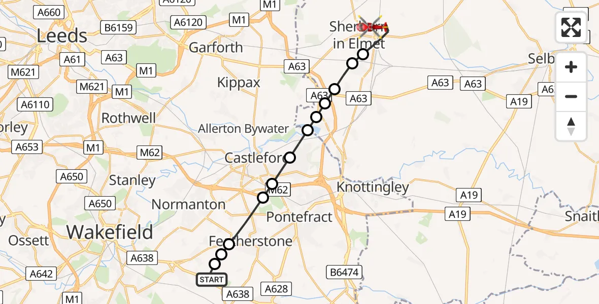 Flight route Air Ambulance Helicopter YAA Nostell Helicopter Port - Sherburn in Elmet, 02 June 2026, 20:48