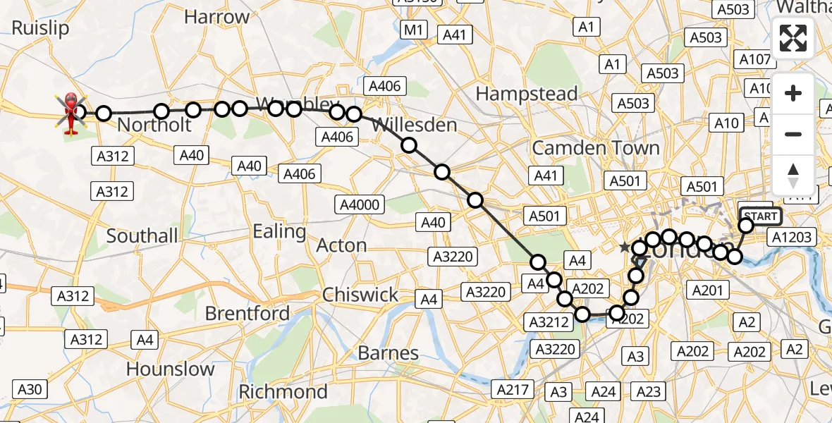 Flight route Air Ambulance Helicopter Royal London Hospital - RAF Northolt, 02 June 2026, 20:56
