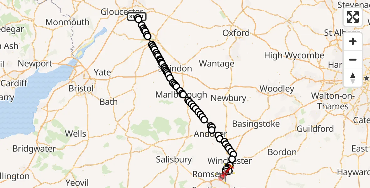 Flight route Air Ambulance Helicopter Tewkesbury - Otterbourne, 02 June 2026, 20:56