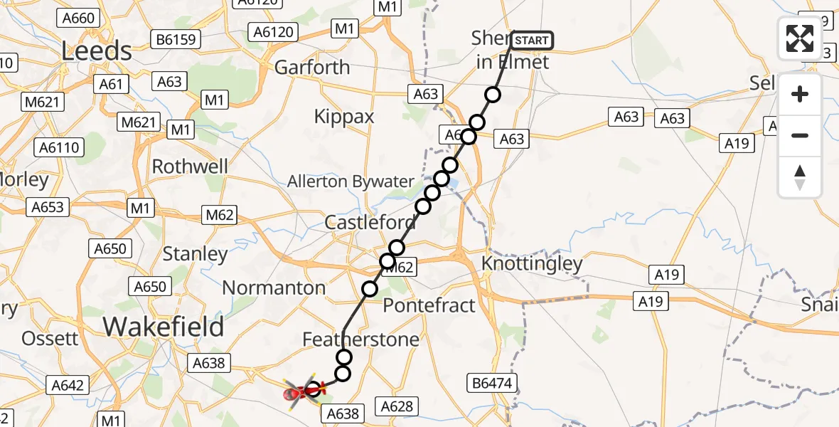Flight route Air Ambulance Helicopter Sherburn in Elmet - YAA Nostell Helicopter Port, 02 June 2026, 21:14