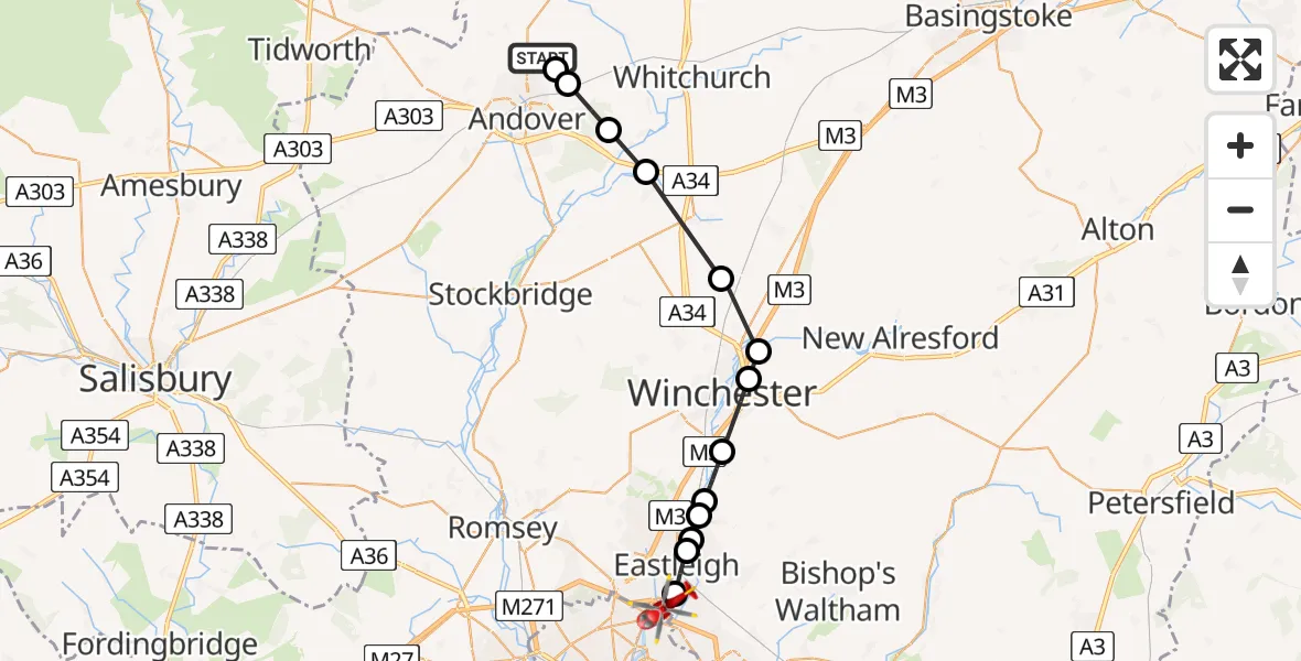 Flight route Air Ambulance Helicopter Upper Enham - Southampton Airport, 02 June 2026, 21:15