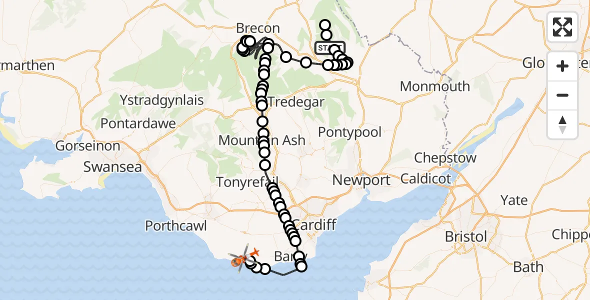 Flight route Coastguard Helicopter The Vale of Grwyney - MOD St Athan, 02 June 2026, 21:20