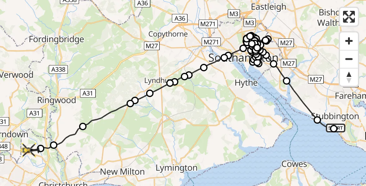 Flight route Police Helicopter Solent Airport - Bournemouth Airport, 02 June 2026, 21:21