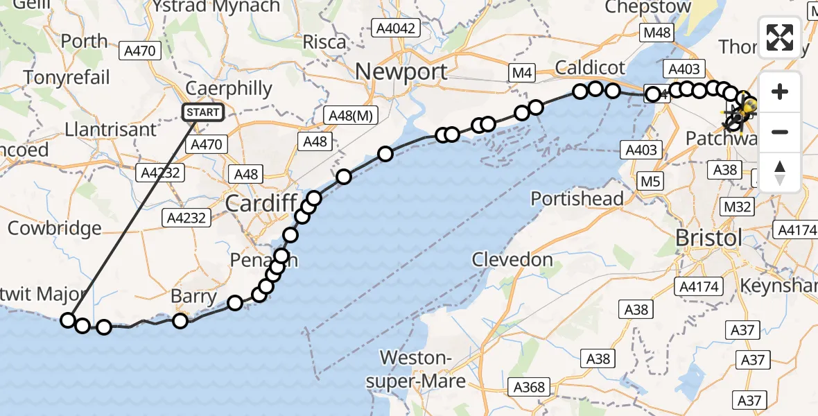 Flight route Police Helicopter Nantgarw - Almondsbury Helicopter Base, 02 June 2026, 21:23