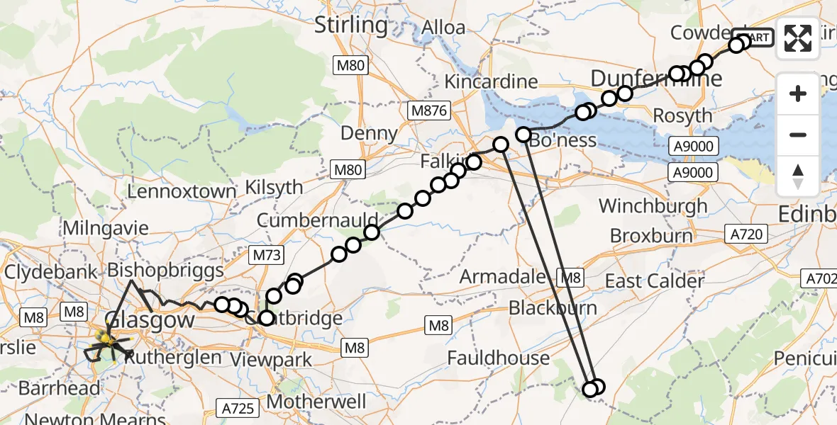 Flight route Police Helicopter Lochgelly - Glasgow, 02 June 2026, 21:35