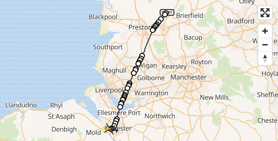Flight route Police Helicopter Great Mitton - Hawarden Airport, 02 June 2026, 21:39