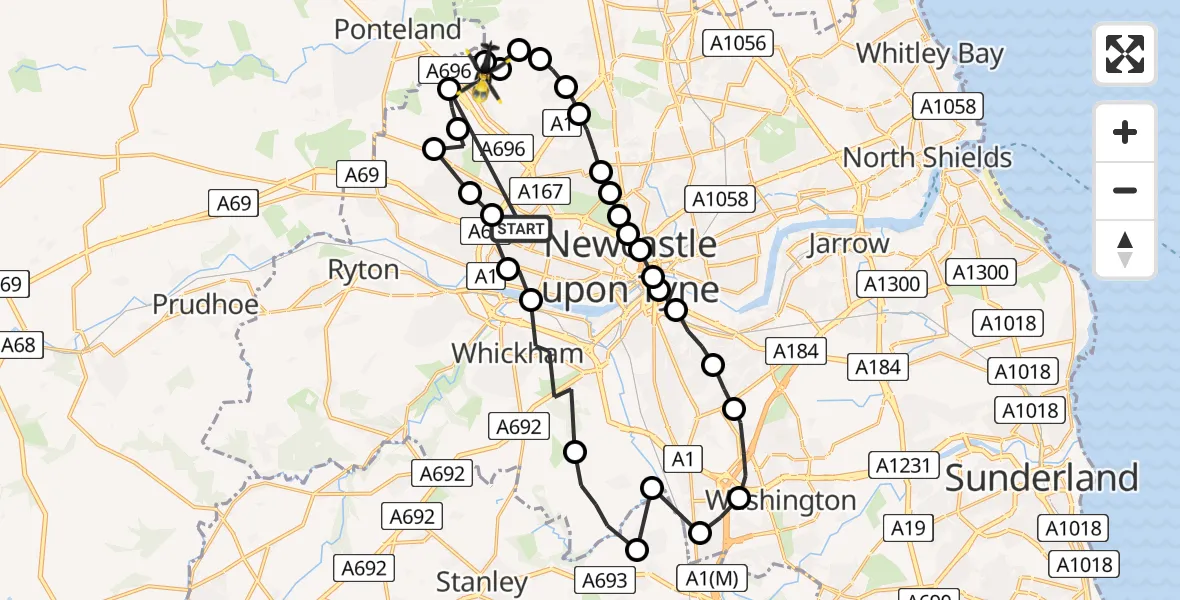 Flight route Police Helicopter Blakelaw - Newcastle International Airport, 02 June 2026, 21:59