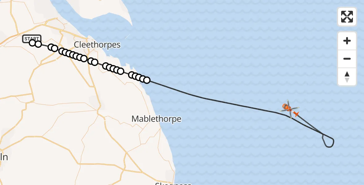 Flight route Coastguard Helicopter Humberside Airport - North Sea, 02 June 2026, 22:06