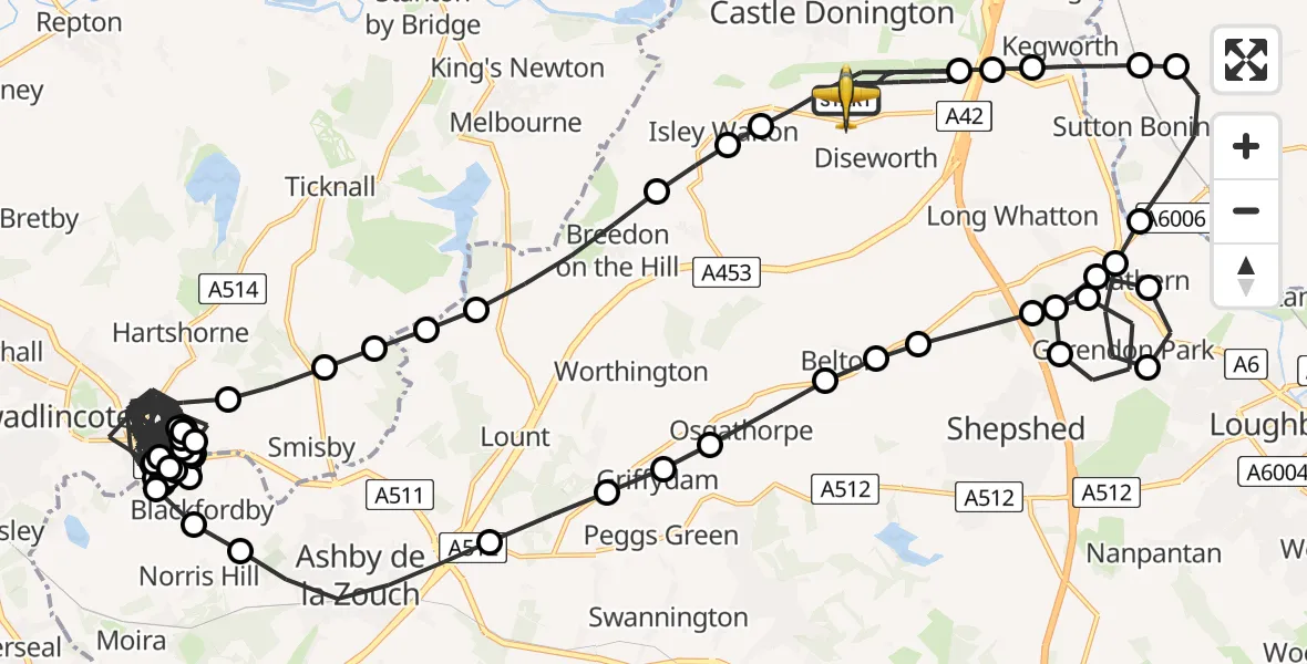 Flight route Police Aircraft East Midlands Airport - East Midlands Airport, 02 June 2026, 22:14