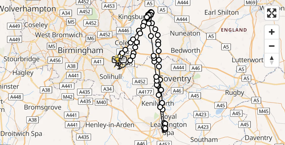 Flight route Police Helicopter Birmingham Airport - Solihull, 02 June 2026, 22:44
