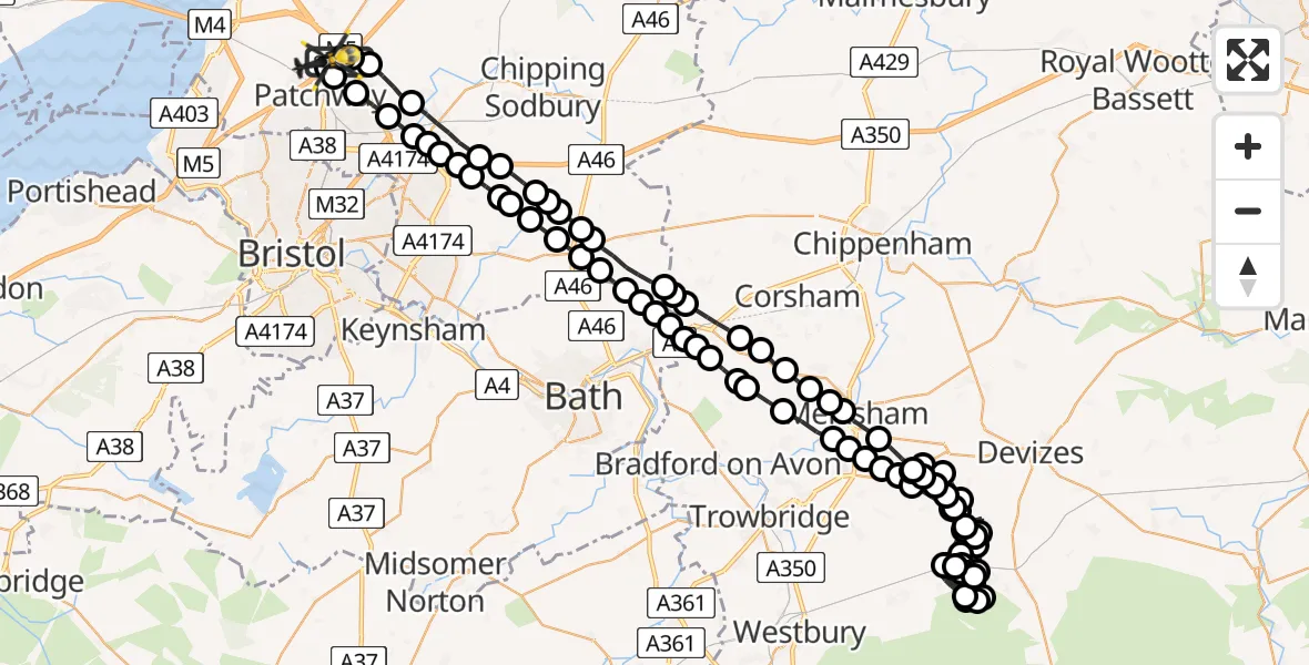 Flight route Police Helicopter Almondsbury Helicopter Base - Woodlands, 02 June 2026, 22:47