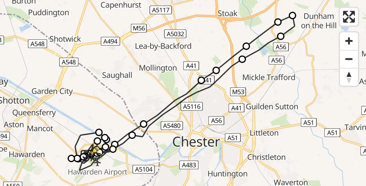 Flight route Police Helicopter Hawarden Airport - Hawarden Airport, 02 June 2026, 23:37