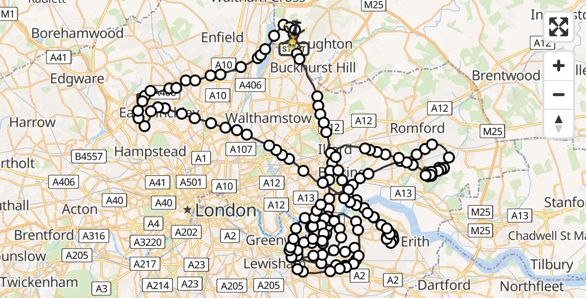 Flight route Police Helicopter Sewardstonebury - Metropolitan Police Air Support Unit Lippitts Hill, 03 June 2026, 00:10