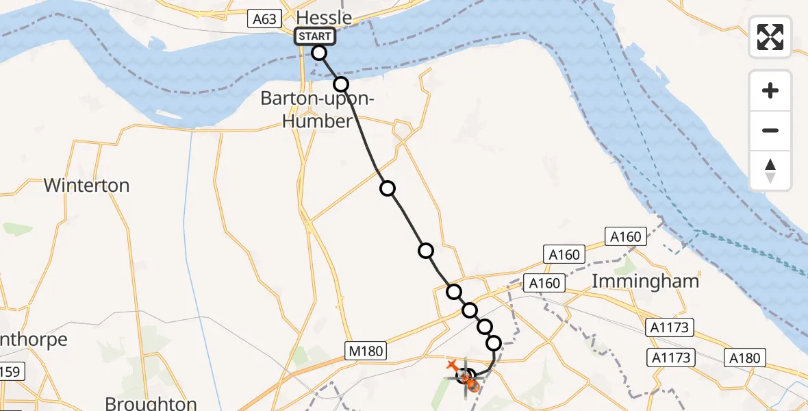 Flight route Coastguard Helicopter Hessle - Humberside Airport, 03 June 2026, 00:18