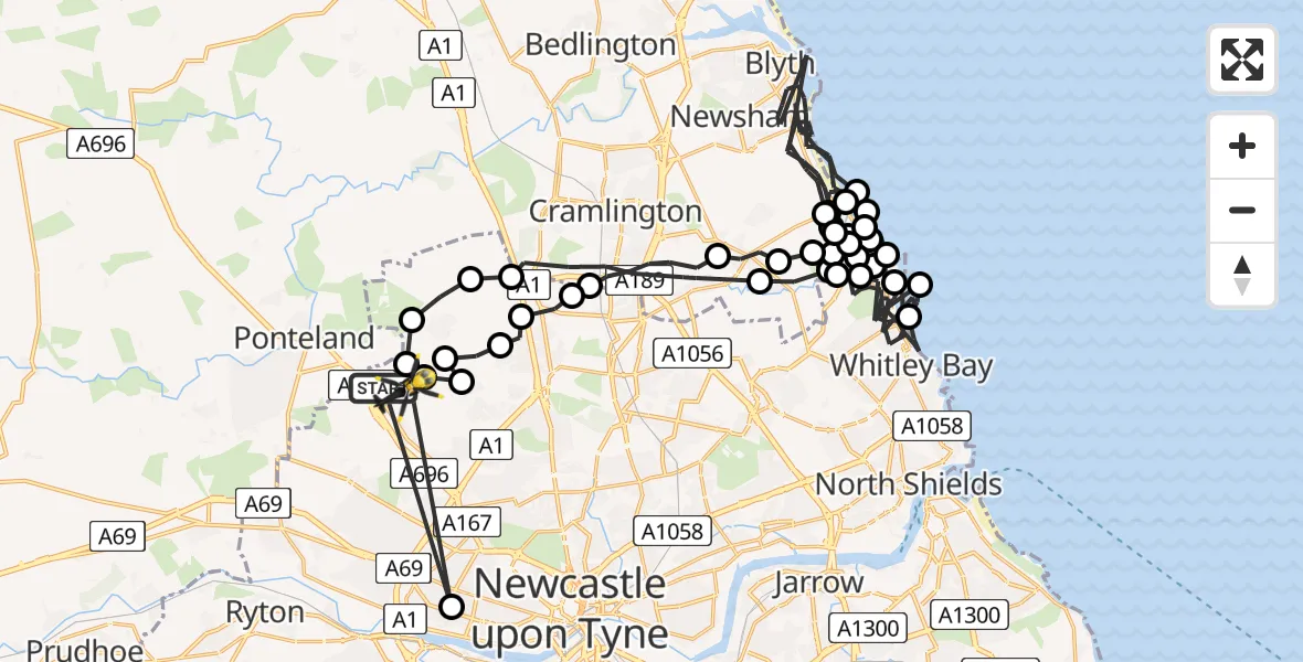 Flight route Police Helicopter Newcastle International Airport - Newcastle International Airport, 03 June 2026, 00:18