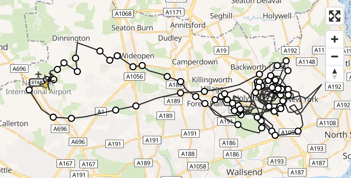 Flight route Police Helicopter Newcastle International Airport - Newcastle International Airport, 03 June 2026, 01:14