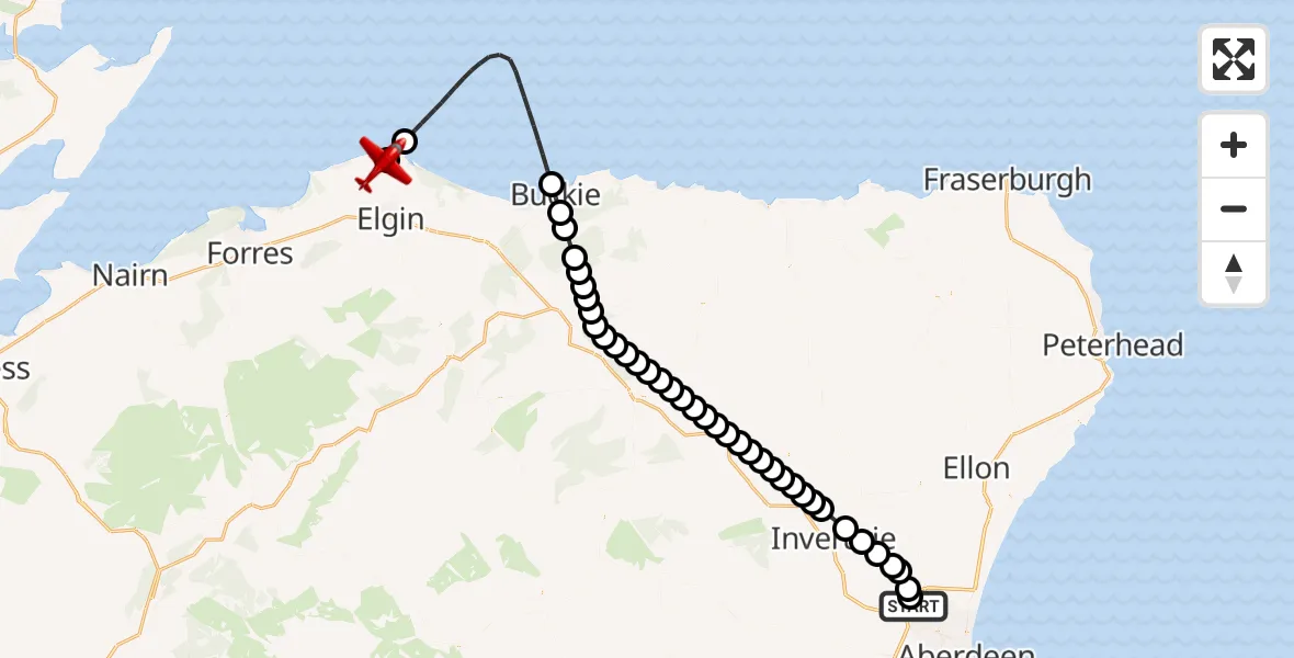 Flight route Air Ambulance Aircraft Aberdeen International Airport - RAF Lossiemouth, 03 June 2026, 01:50