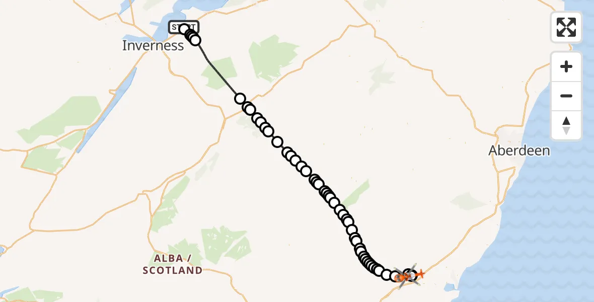 Flight route Coastguard Helicopter Inverness Airport - Kirkton of Menmuir, 03 June 2026, 03:34