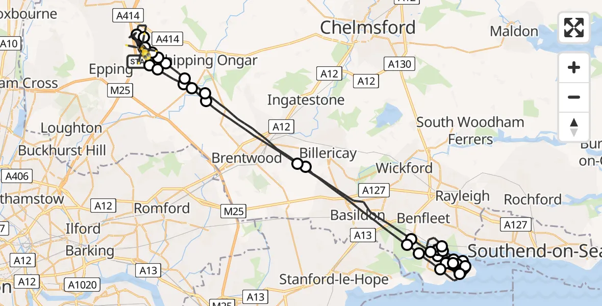 Flight route Police Helicopter Coopersale - North Weald Airfield, 03 June 2026, 03:41