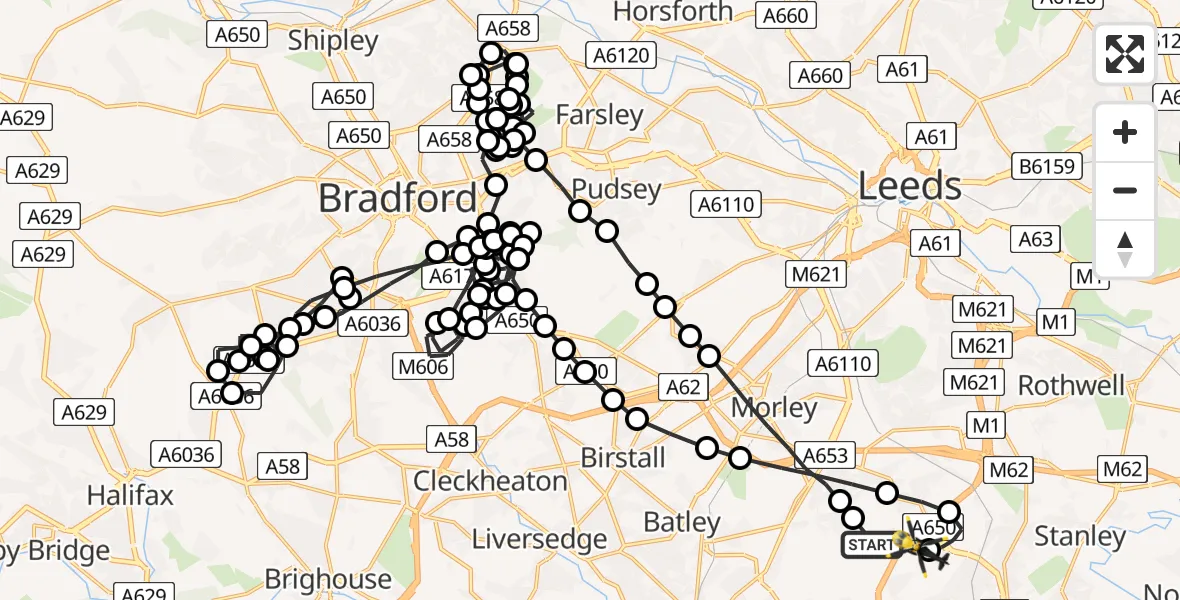 Flight route Police Helicopter East Ardsley - Brandy Carr, 03 June 2026, 04:16