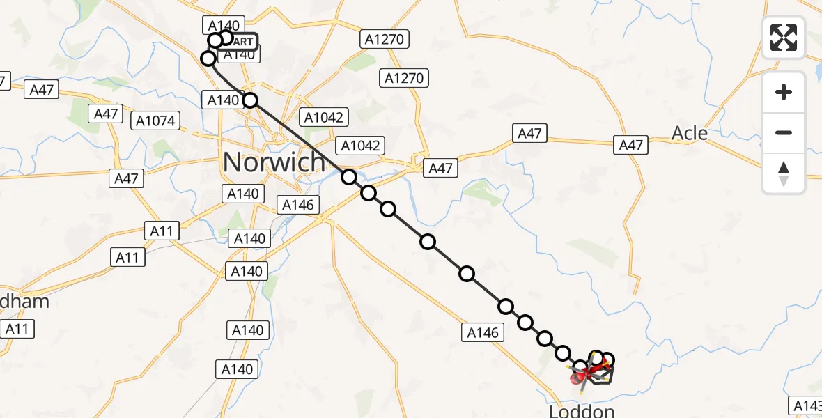 Flight route Air Ambulance Helicopter Norwich Airport - Chedgrave, 03 June 2026, 05:42