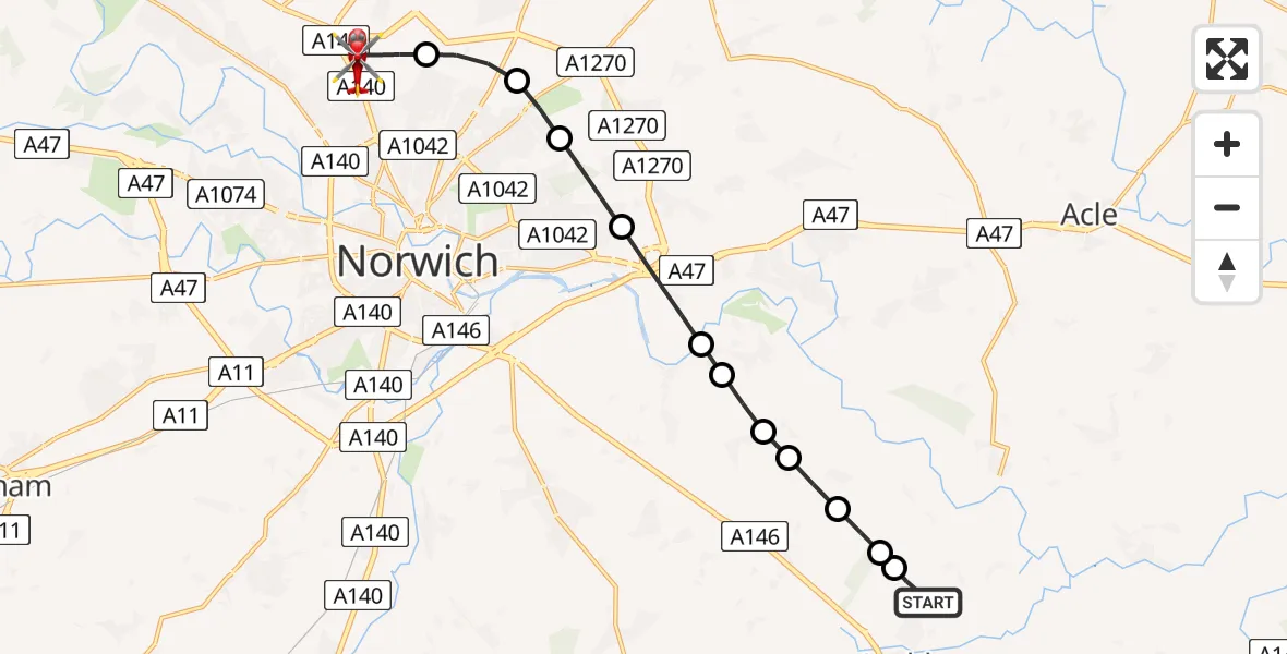 Flight route Air Ambulance Helicopter Chedgrave - Norwich Airport, 03 June 2026, 06:44