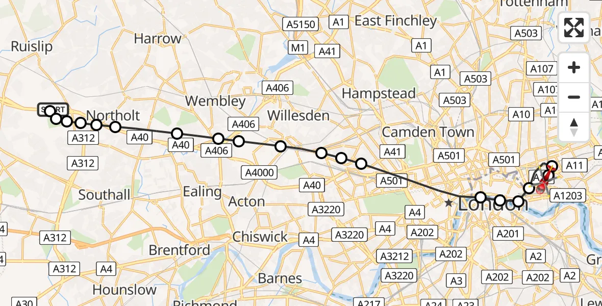 Flight route Air Ambulance Helicopter RAF Northolt - Royal London Hospital, 03 June 2026, 07:20