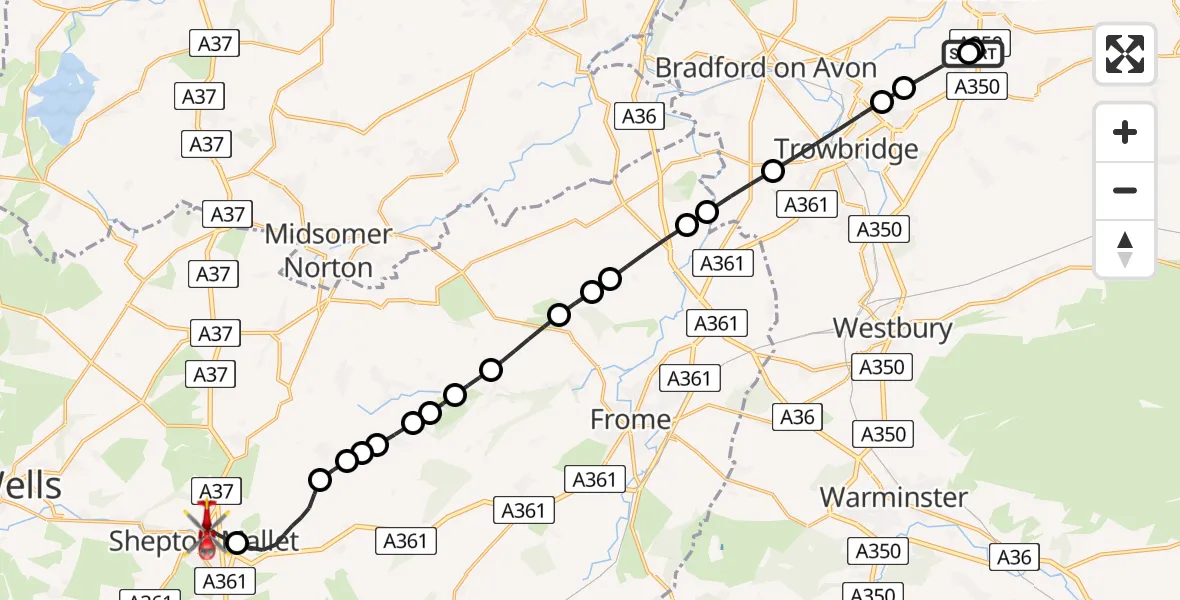 Flight route Air Ambulance Helicopter Wiltshire Air Ambulance - Shepton Mallet, 03 June 2026, 07:44