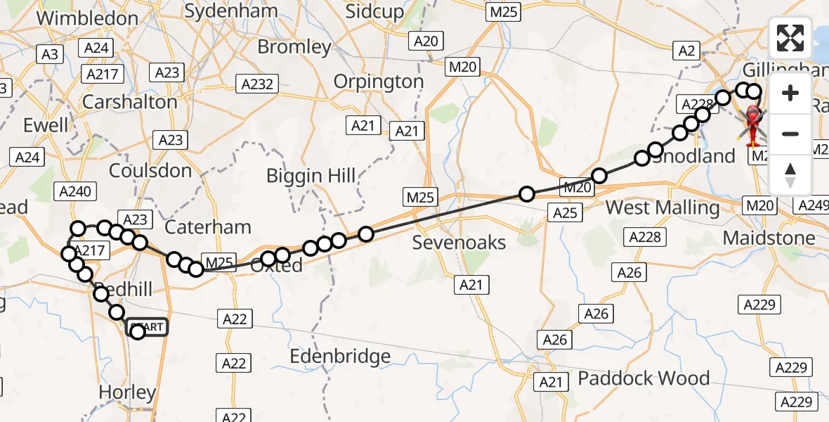 Flight route Air Ambulance Helicopter Redhill Aerodrome - Rochester Airport, 03 June 2026, 08:31