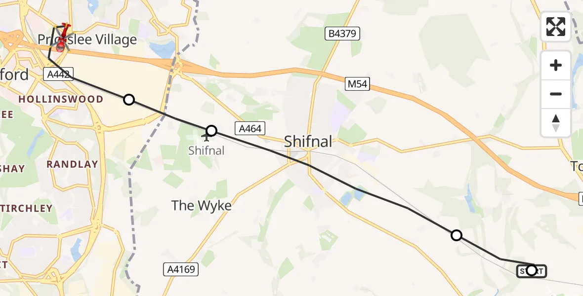 Flight route Air Ambulance Helicopter RAF Cosford - Telford, 03 June 2026, 08:40