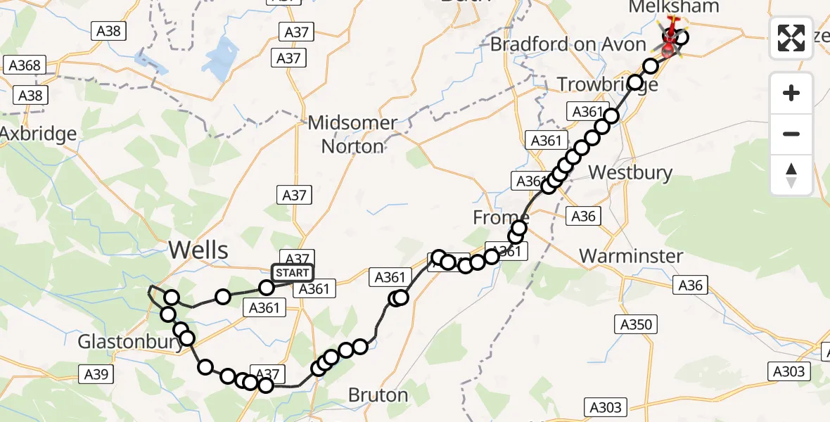 Flight route Air Ambulance Helicopter Shepton Mallet - Wiltshire Air Ambulance, 03 June 2026, 08:45