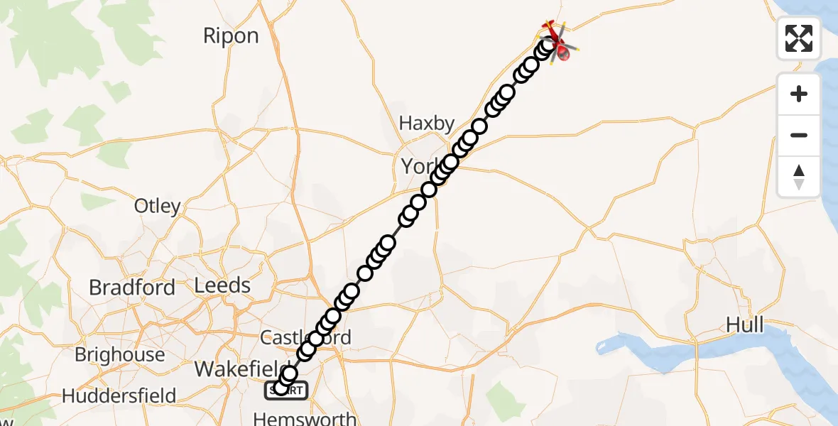 Flight route Air Ambulance Helicopter YAA Nostell Helicopter Port - Norton-on-Derwent, 03 June 2026, 09:02