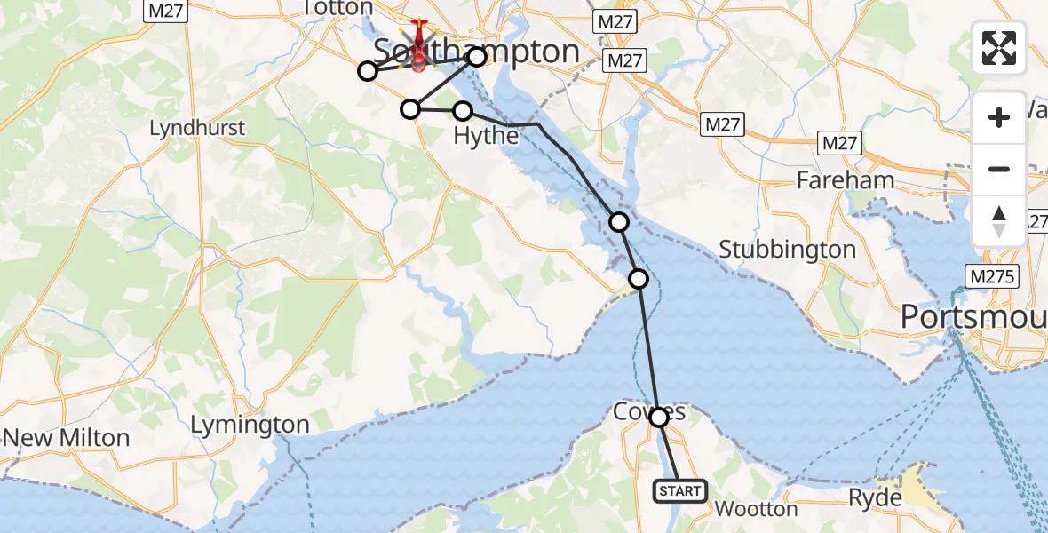 Flight route Air Ambulance Helicopter Whippingham - Marchwood, 03 June 2026, 09:31