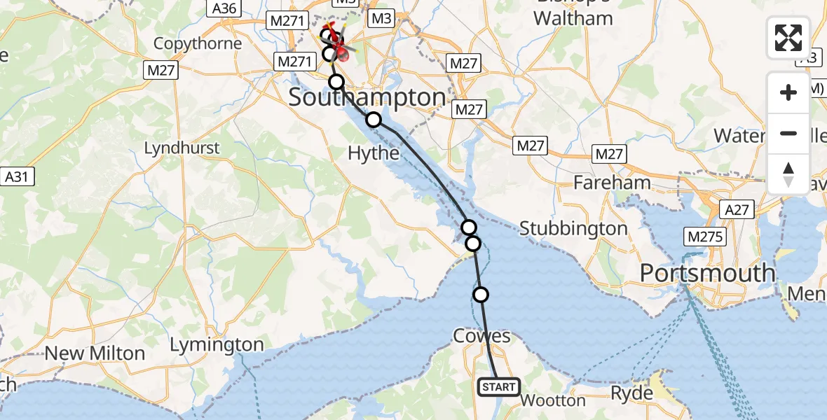 Flight route Air Ambulance Helicopter River Medina - University Hospital Southampton, 03 June 2026, 09:31