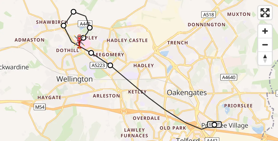 Flight route Air Ambulance Helicopter Oakengates - Princess Royal Telford Hospital, 03 June 2026, 09:41