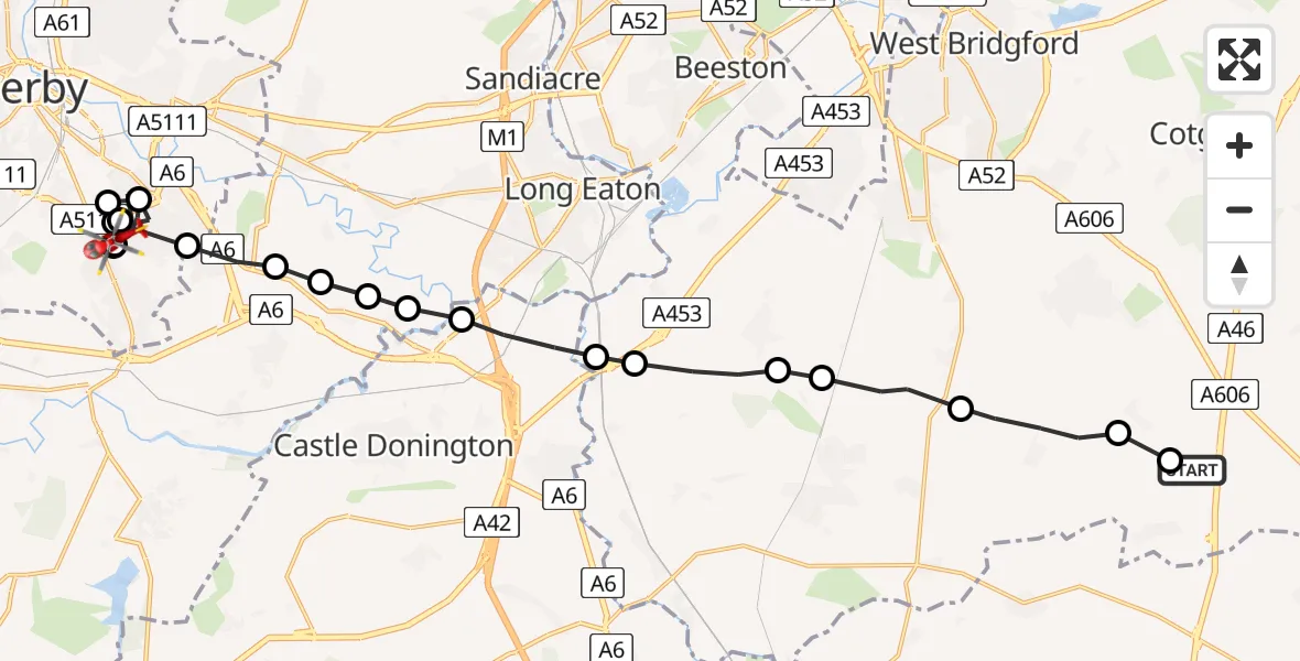 Flight route Air Ambulance Helicopter Widmerpool - Boulton, 03 June 2026, 09:44