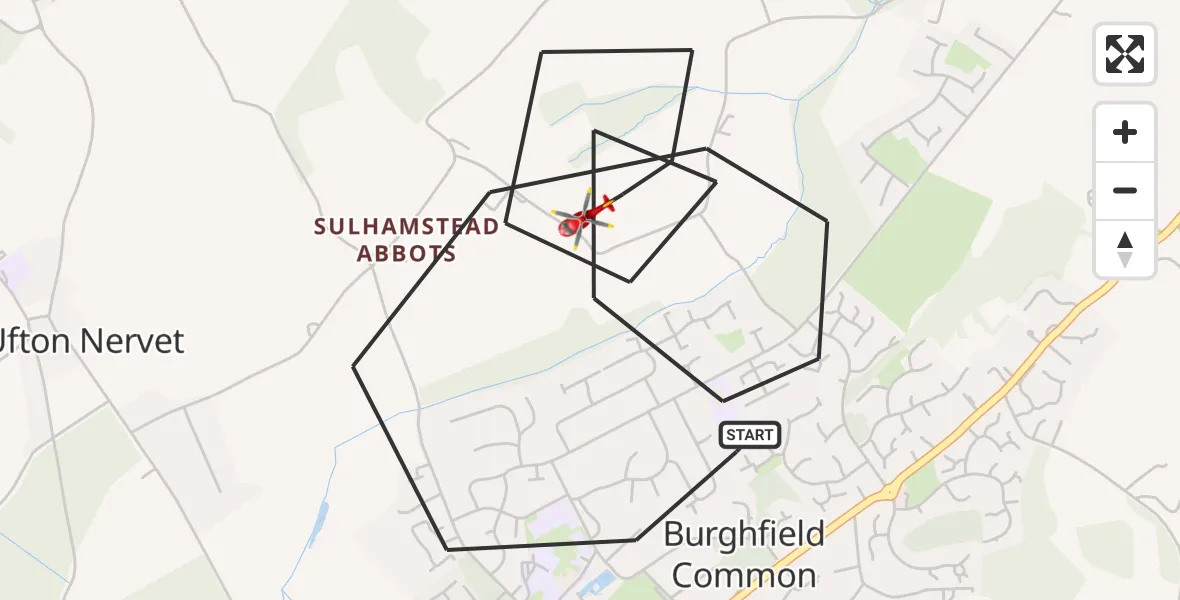 Flight route Air Ambulance Helicopter Burghfield Common - Burghfield Common, 03 June 2026, 10:03