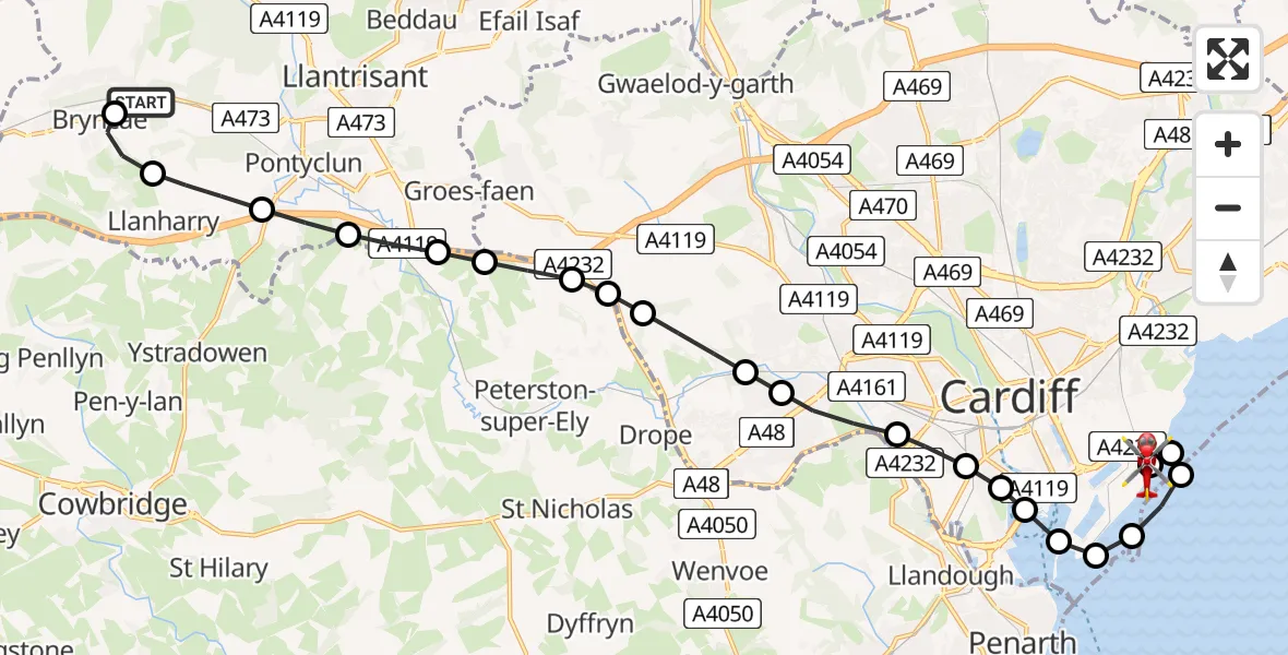 Flight route Air Ambulance Helicopter Llanharan - Cardiff Heliport, 03 June 2026, 10:03