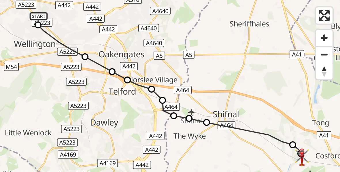 Flight route Air Ambulance Helicopter Princess Royal Telford Hospital - Tong, 03 June 2026, 10:12