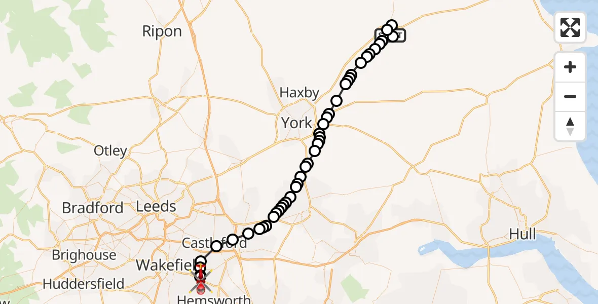 Flight route Air Ambulance Helicopter Norton-on-Derwent - YAA Nostell Helicopter Port, 03 June 2026, 10:24