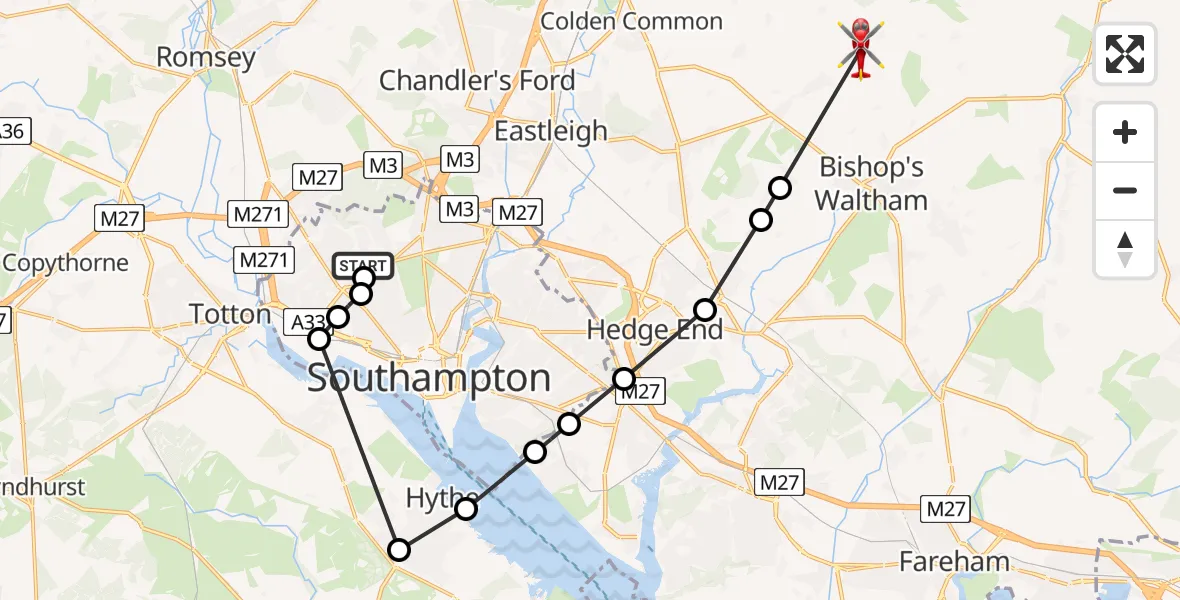 Flight route Air Ambulance Helicopter University Hospital Southampton - Upham, 03 June 2026, 10:25