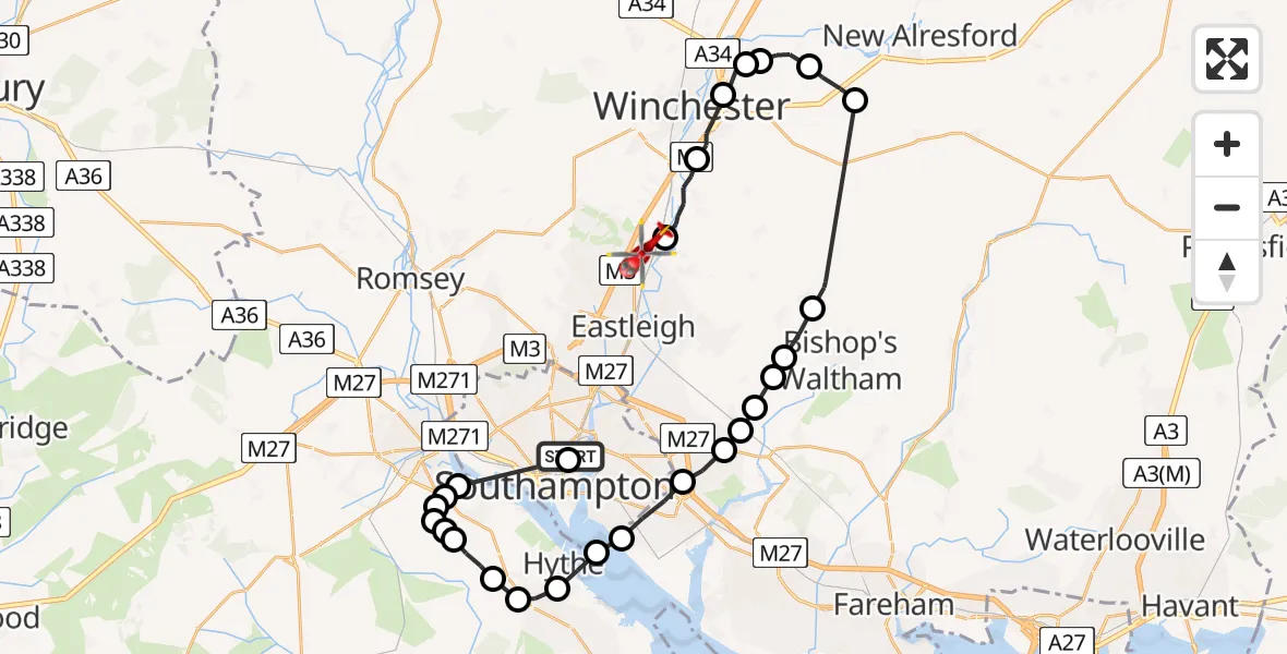 Flight route Air Ambulance Helicopter Newtown - Otterbourne, 03 June 2026, 10:26