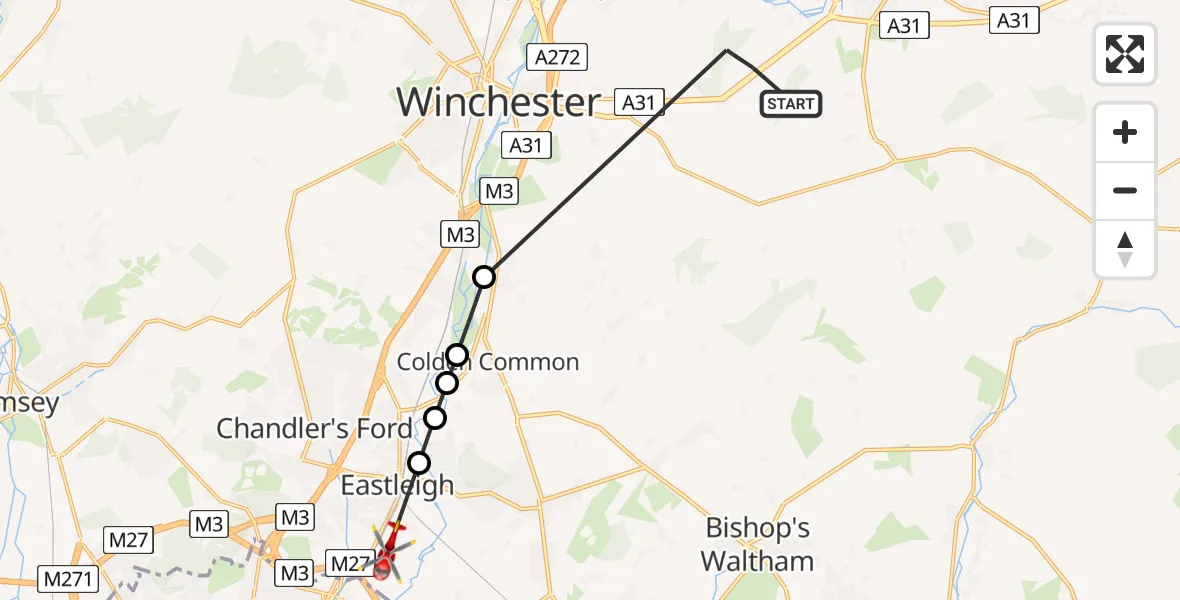 Flight route Air Ambulance Helicopter Winchester - Southampton Airport, 03 June 2026, 10:36