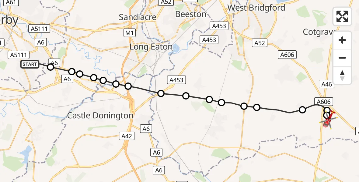 Flight route Air Ambulance Helicopter Boulton - Nottingham Heliport, 03 June 2026, 11:03