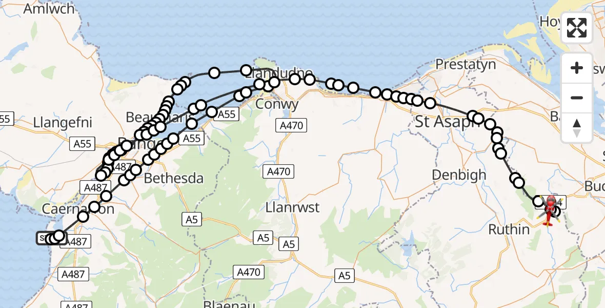 Flight route Air Ambulance Helicopter Caernarfon Airport - Llanferres, 03 June 2026, 11:43