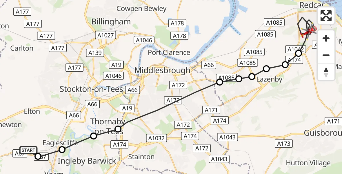 Flight route Air Ambulance Helicopter Egglescliffe - Redcar, 03 June 2026, 11:50